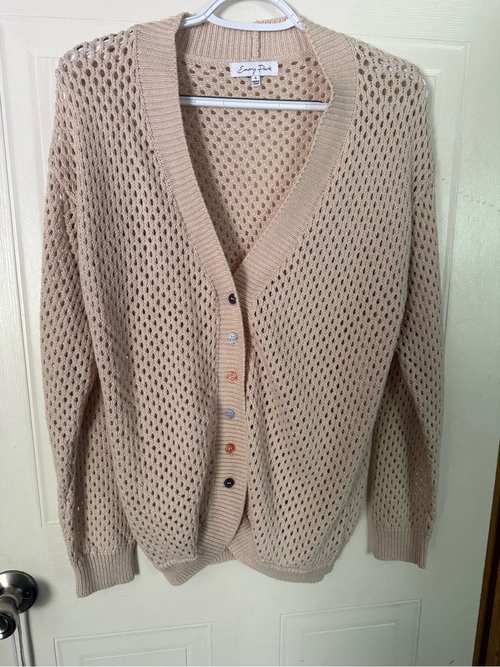 emory park Open-Knit Beige Button-Front Cardigan